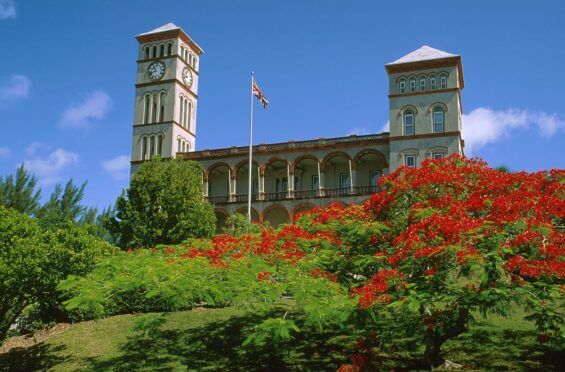 The exterior of a large stone building in Bermuda.