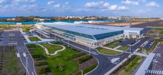The exterior of the L.F. Wade International Airport in Bermuda during the day.