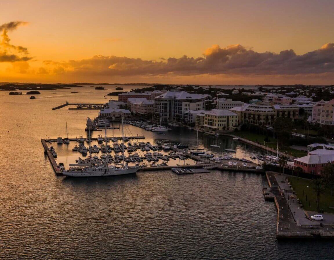 An orange sunset on a harbour in Bermuda.