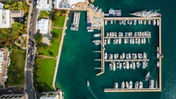 An aerial view of colorful ships docked in Bermuda.